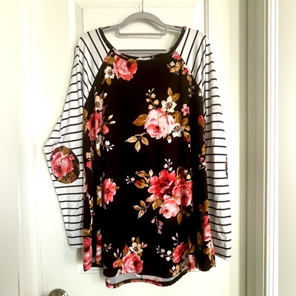 Chic Soul Tops - ChicSoul Tunic / florals and strips w/ elbow pads.